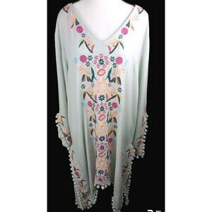 ROMEO & JULIET COUTURE BEACH EMBROIDERED M GREEN COVERUP DRESS V NECK SLIT POM